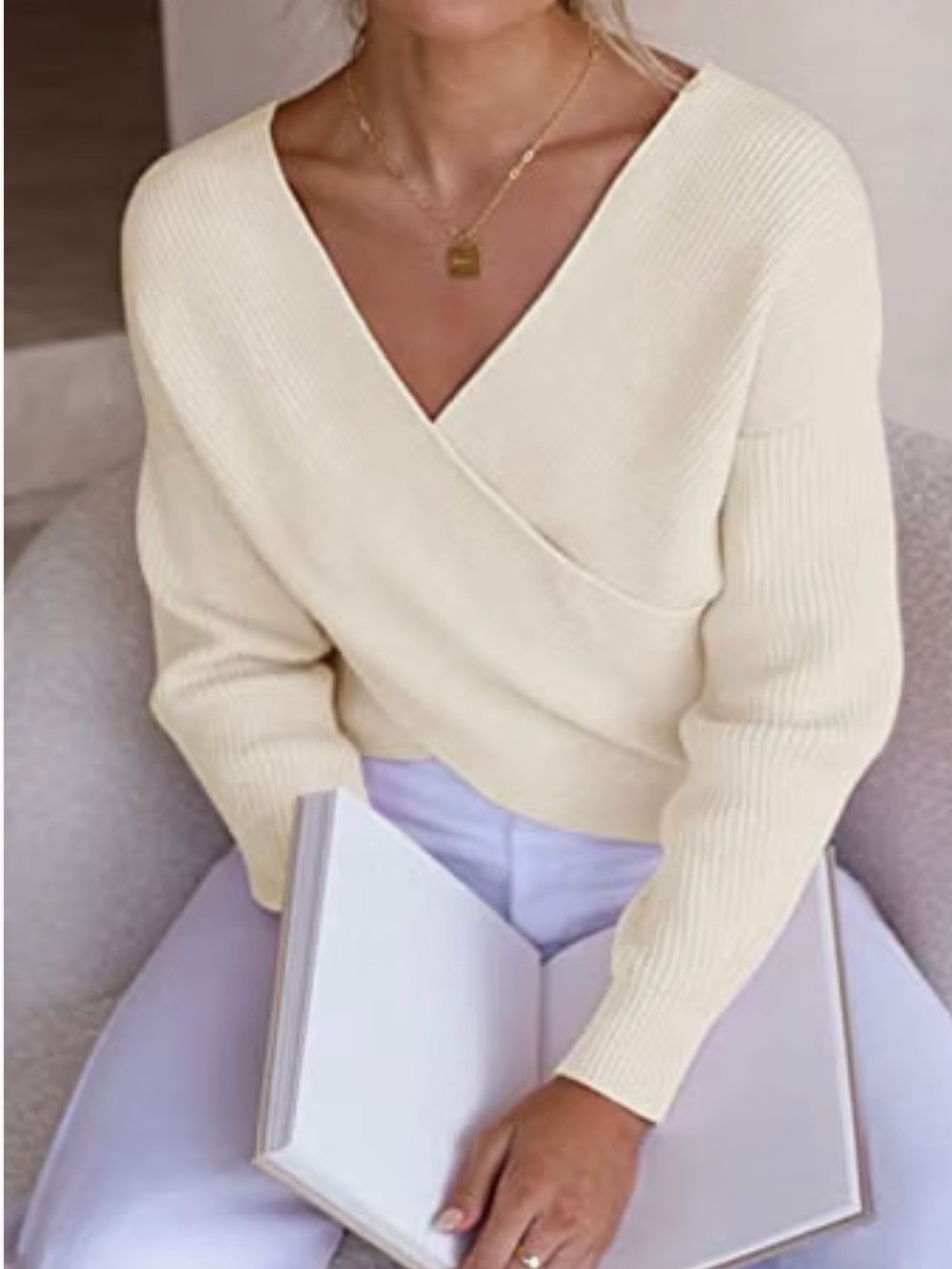 ZCSIA Women's Long Sleeve Wrap V-Neck Cross Front Knit Pullover.